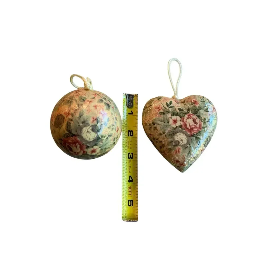 Napco‎ Set 2 Paper Mache Decoupage Christmas Ornament Victorian Flowers 3-4 